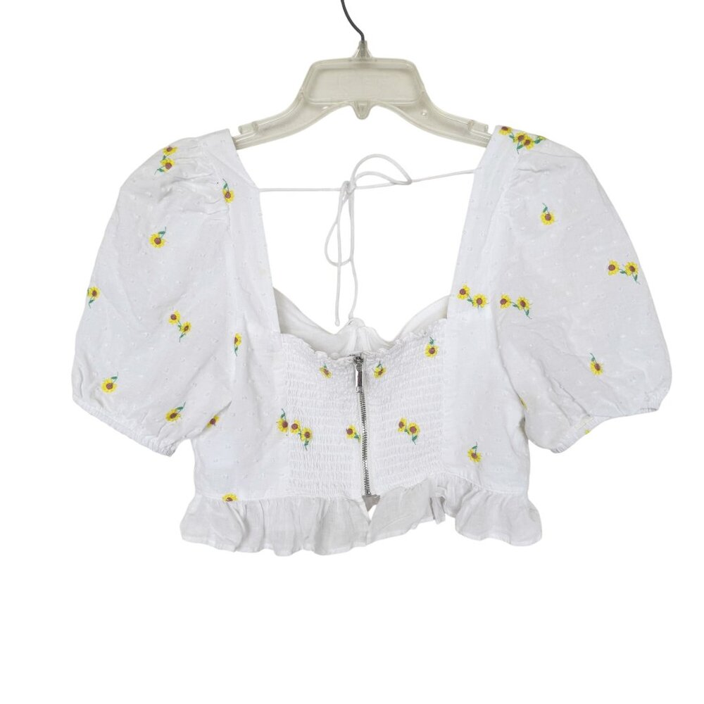 Altar'd State White Floral Embroidered Crop Top Puff Sleeves Smocked Back Size M - Picture 2 of 11